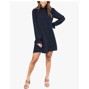 NEW Navy Blue Swiss Dot Chiffon Dress Long Sleeve Flowy Mini M